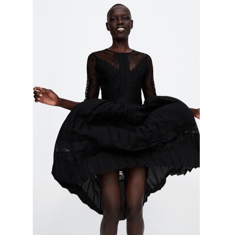 ZARA | Combined Black Lace Pleated Midi Dress XXL